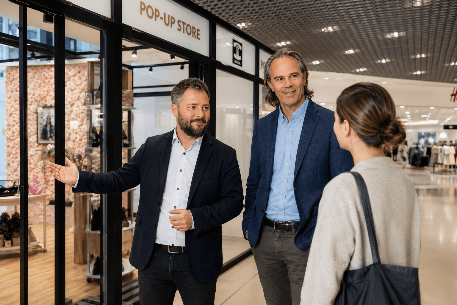 Beratung vor einem Pop-up-Store im Einkaufscenter